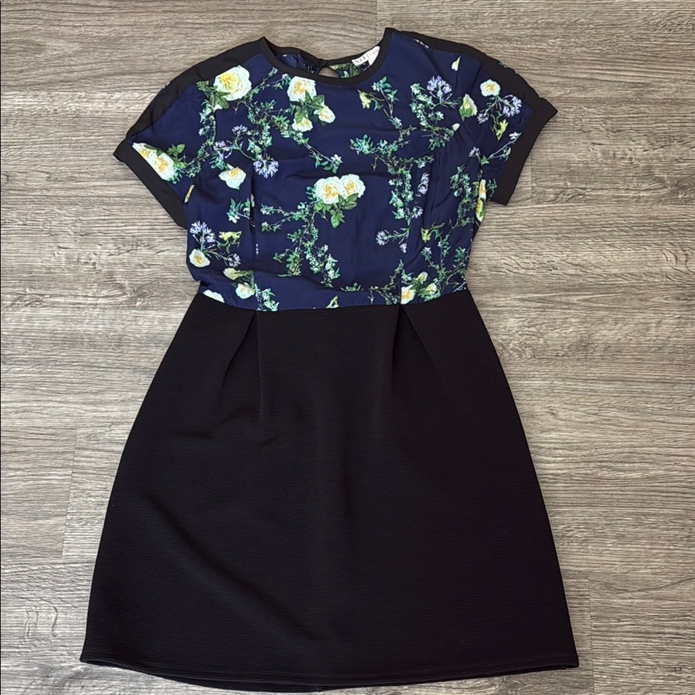 Blue and Black A-Line Dress with Short Sleeves